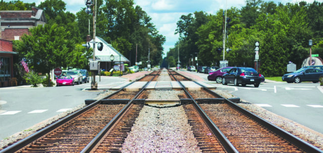 train tracks in a small town